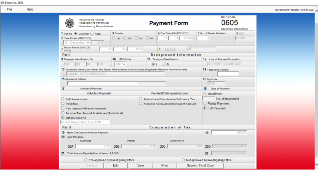 Bir annual registration fee sample ebirform6 3 0605 1080 578 clemente